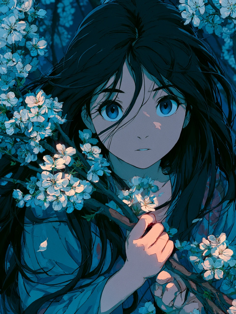 Garota de anime segurando flores de cerejeira em iluminação de fantasia dramática