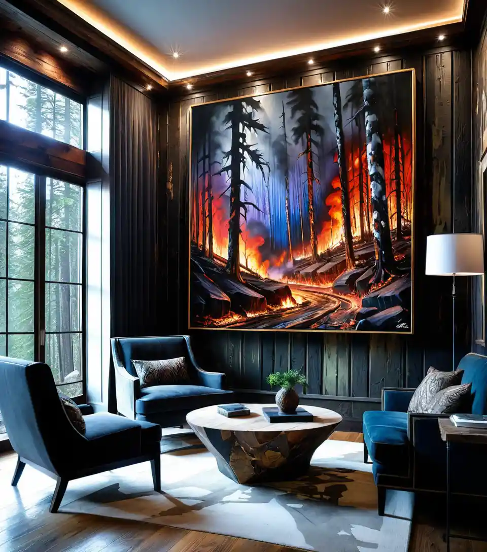 Estudio lujoso con pared‑galería de pinturas de incendios forestales