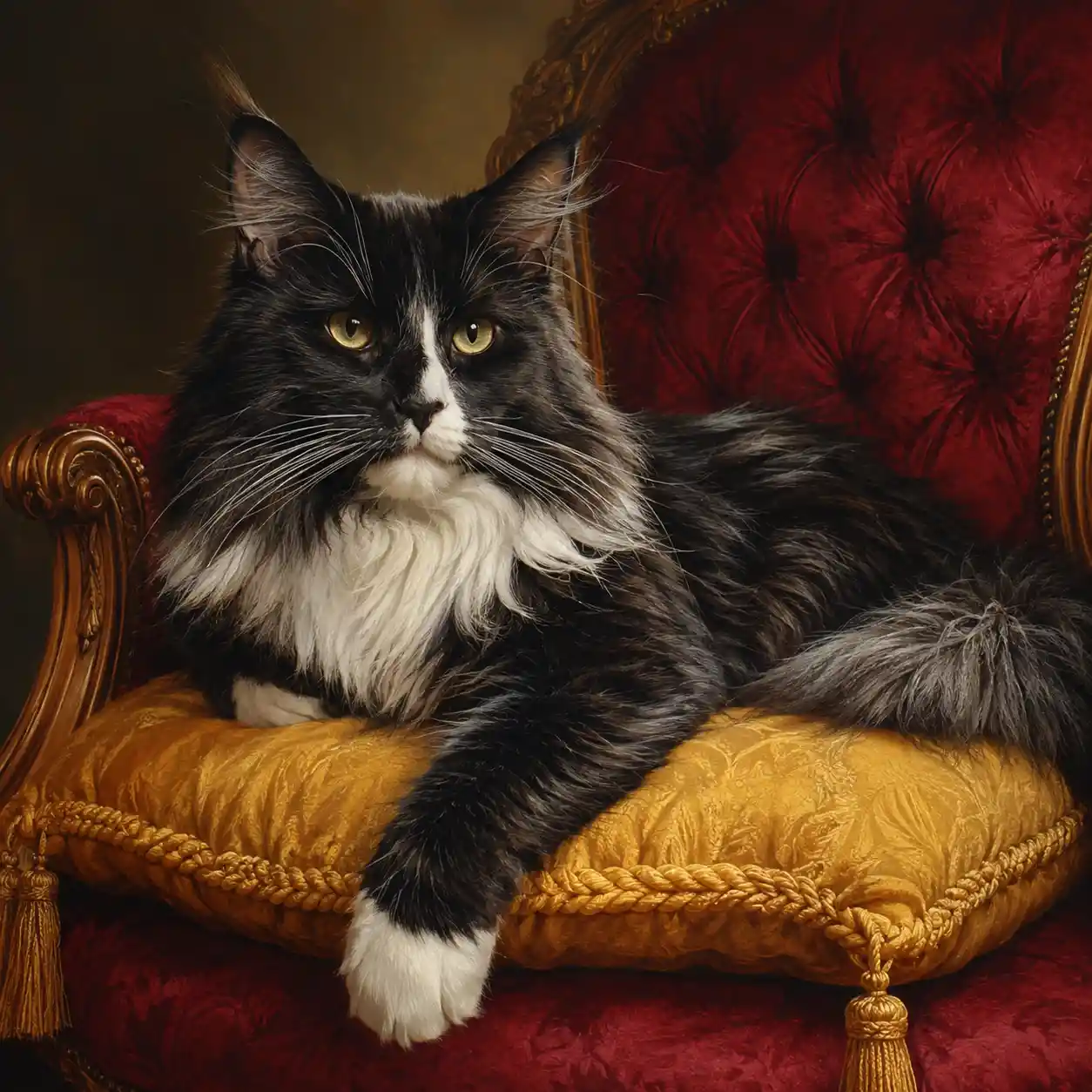 Schwarz-weiße Maine-Coon-Katze auf goldenem Kissen