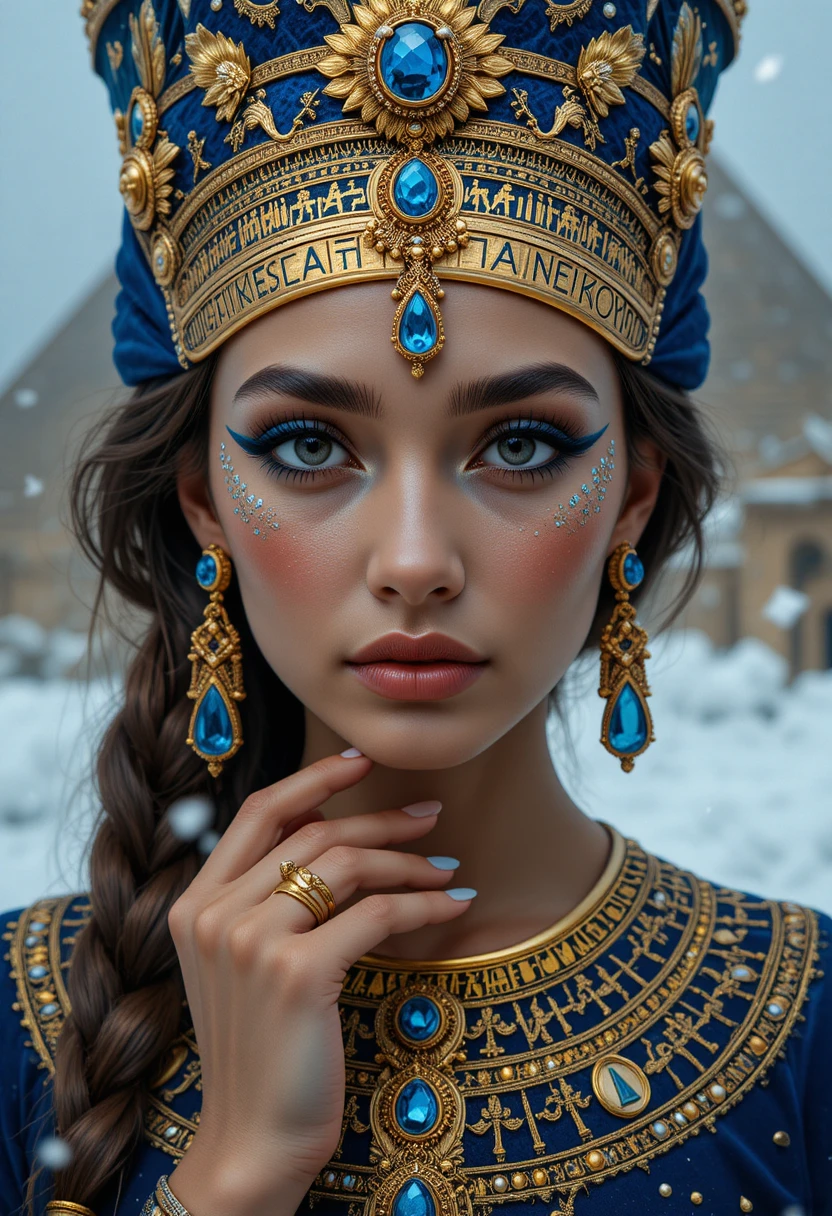 Reina egipcia inspirada en Cleopatra en la nieve con alto contraste