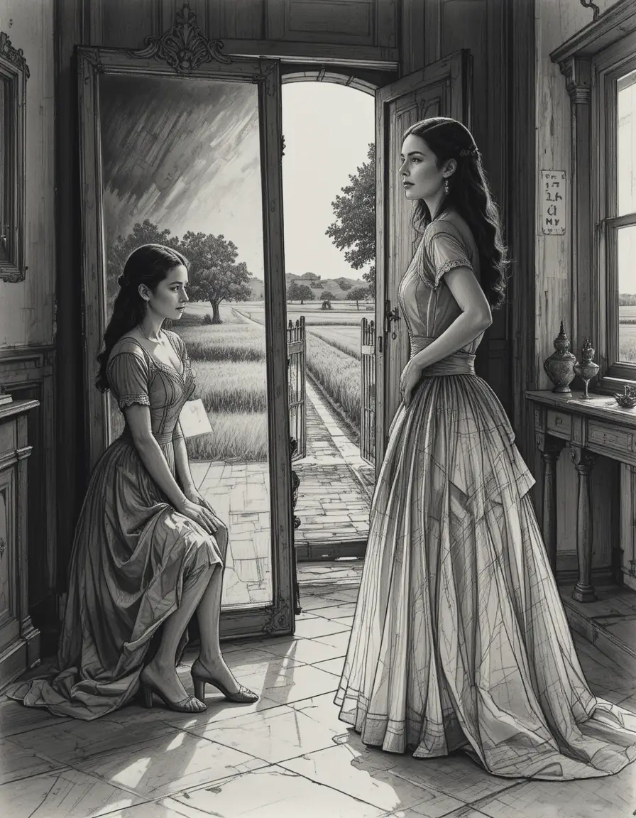 Mujeres victorianas en luz contrastante frente a un espejo alto