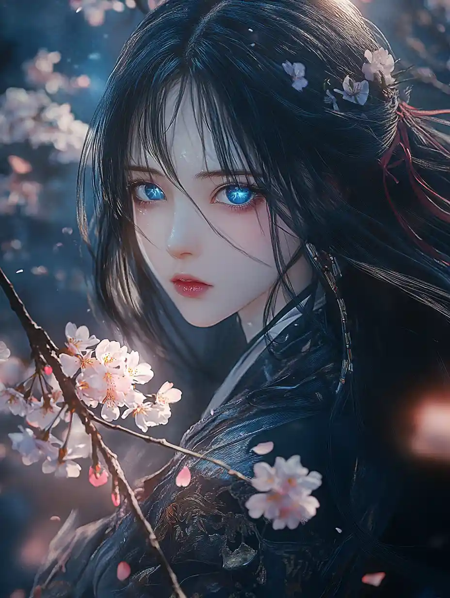 Anime girl holding cherry blossoms in dramatic fantasy lighting