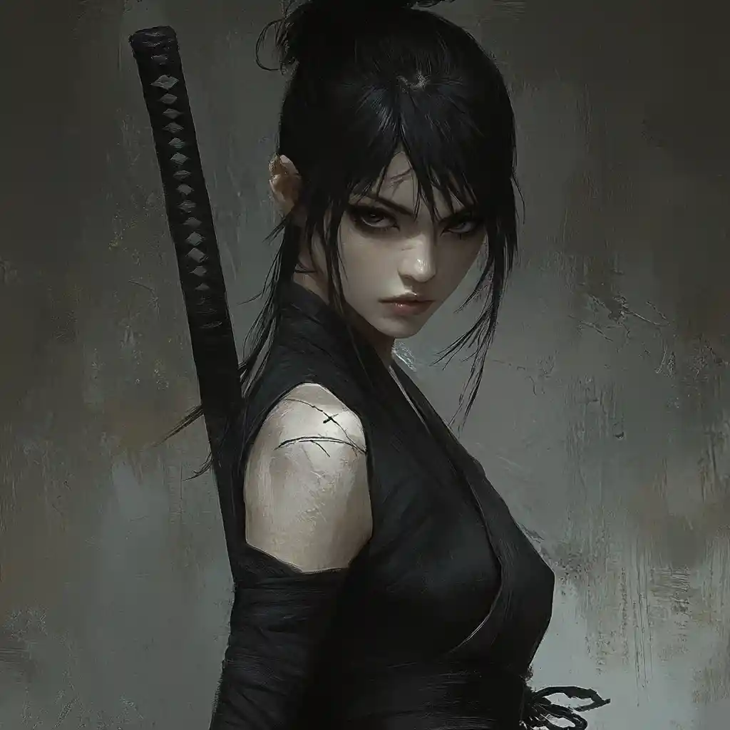 Dark fantasy ninja woman with eyepatch and short sword