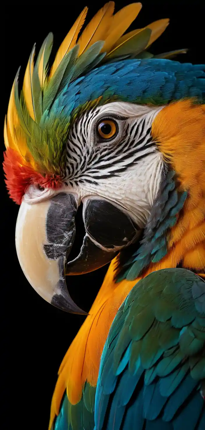 Primer plano de loros coloridos bajo una luz de estudio dramática