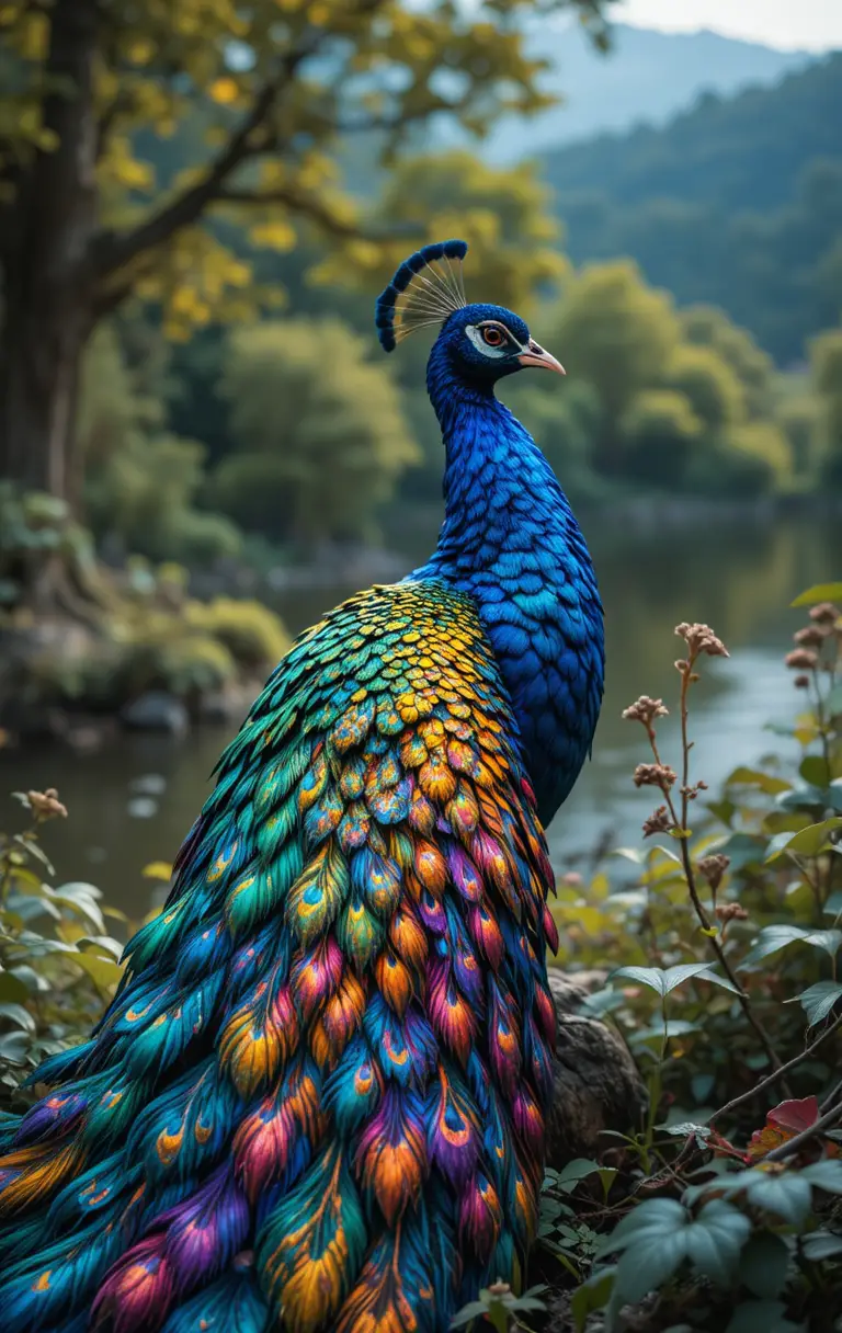 Bunter Pfau mit fließenden irisierenden Federn im Freien