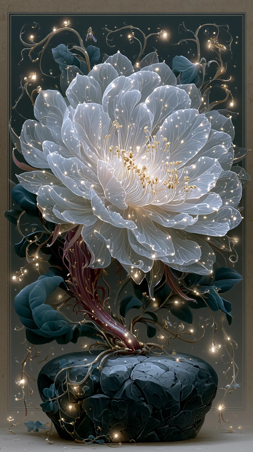 Flor Nocturna Luminosa sobre un Pedestal de Piedra Oscura