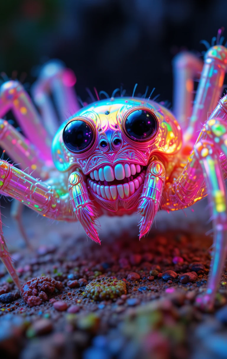 Araña traviesa arcoíris con grandes ojos saltones sonriendo