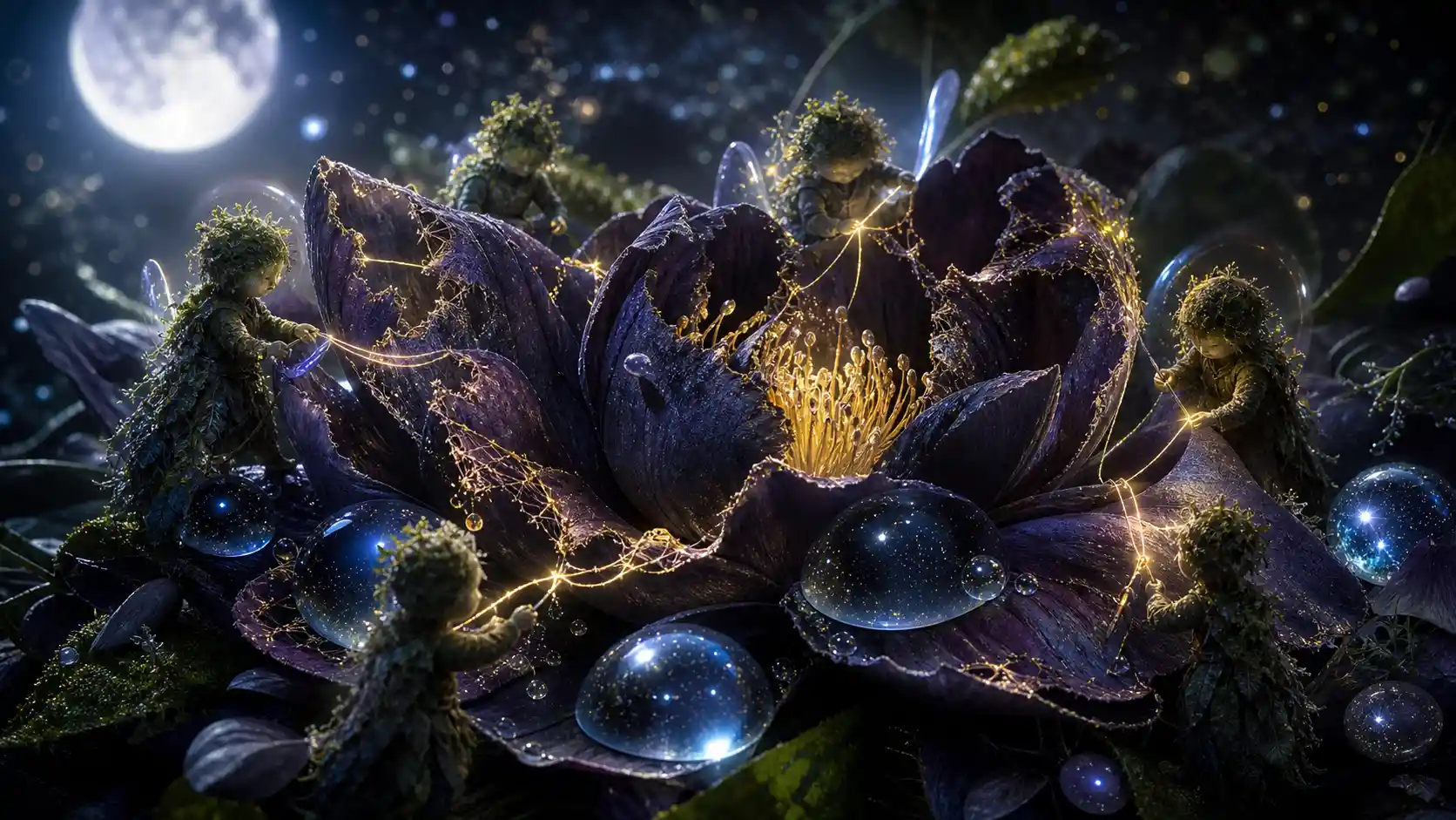 Minuscole creature di muschio riparano un fiore notturno luminoso