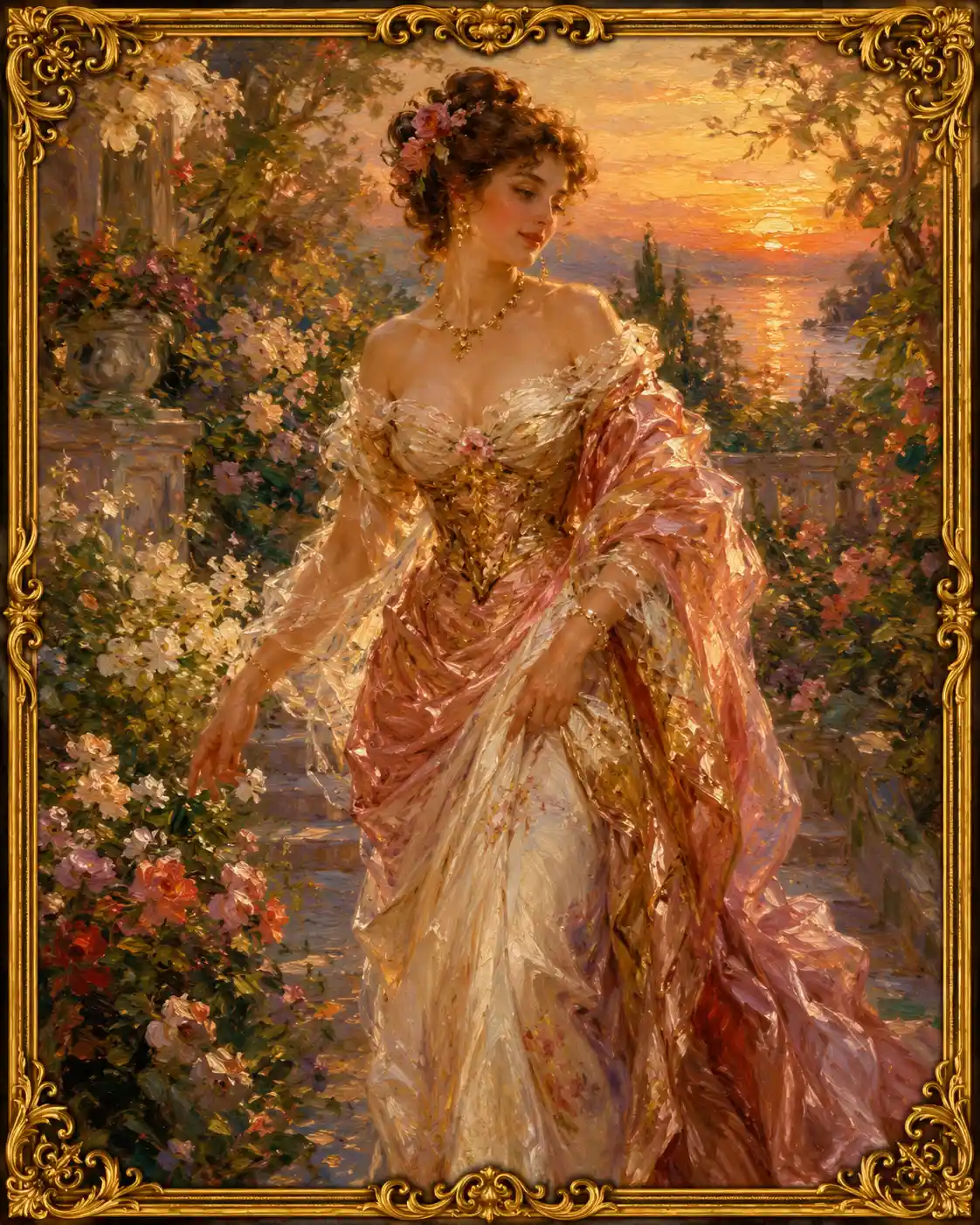 シルクをまとった優雅な女性が夕暮れの花園を歩く