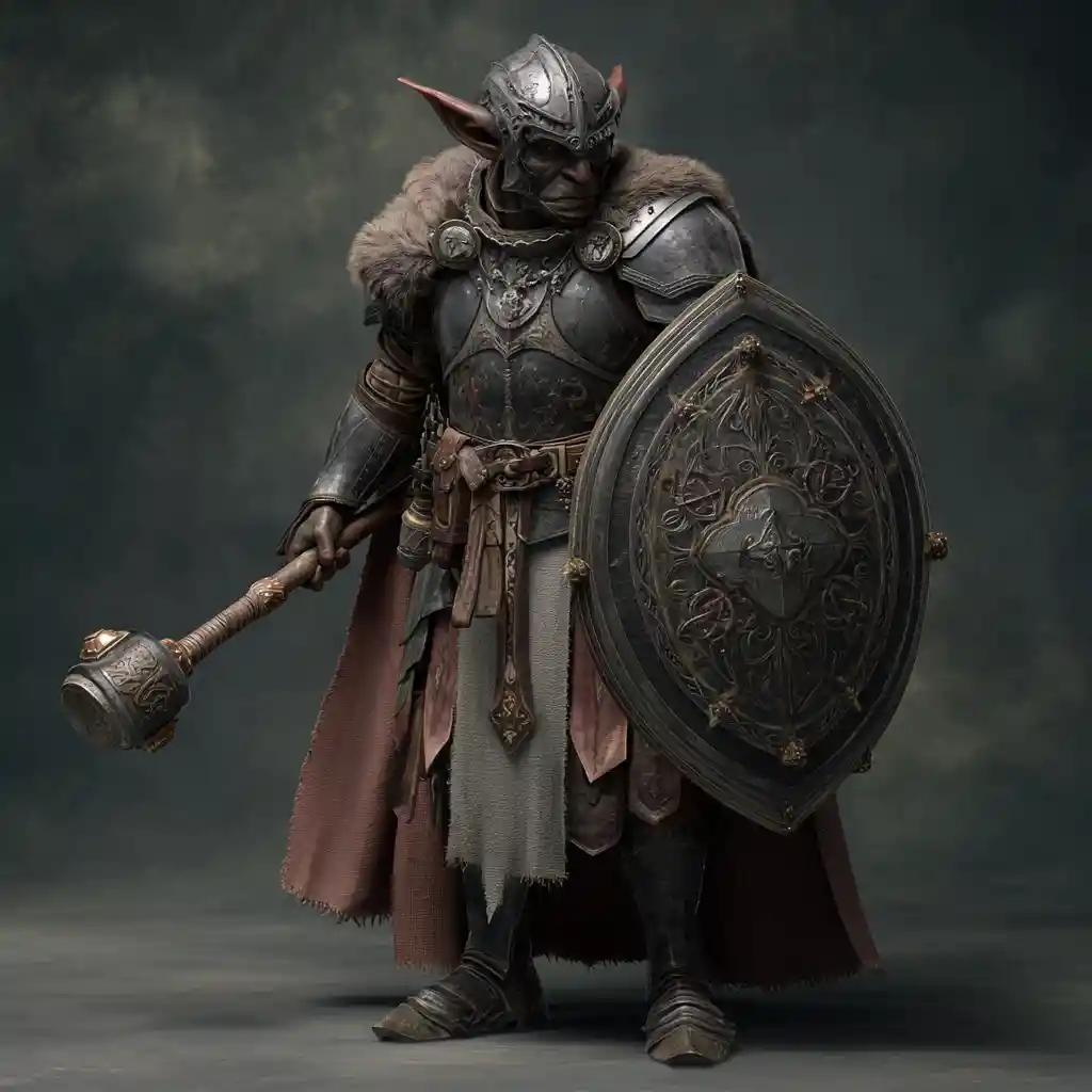 Hobgoblin warrior in worn armor with mace and shield