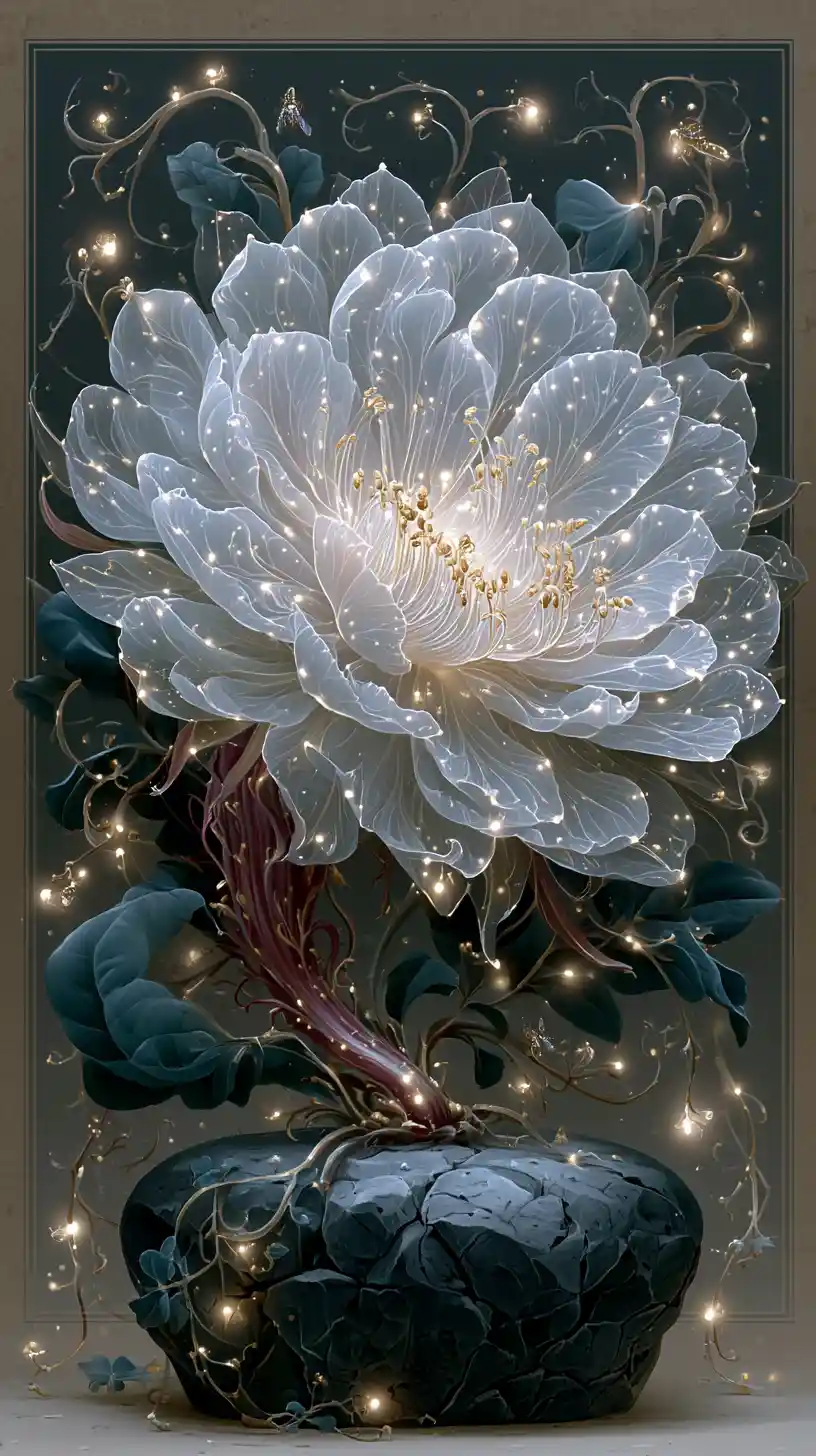 Flor Nocturna Luminosa sobre un Pedestal de Piedra Oscura