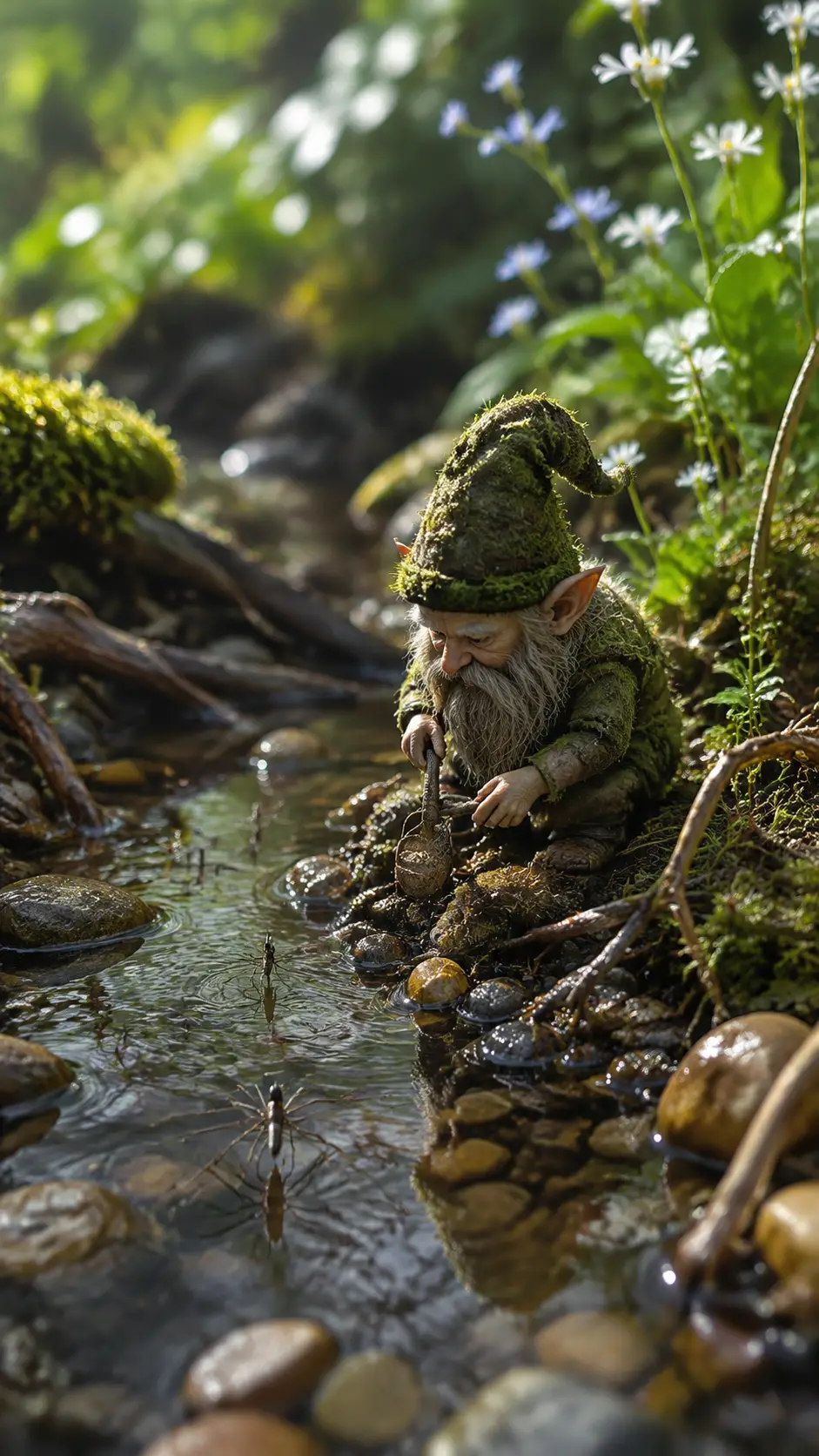 Tiny gnome repairing a clear forest stream with acorn trowel