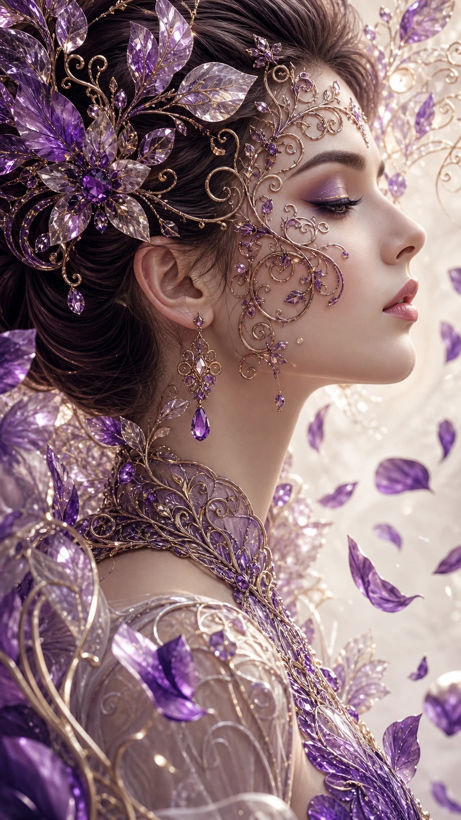 Mujer elegante con pétalos de amatista flotantes y hojas de cristal