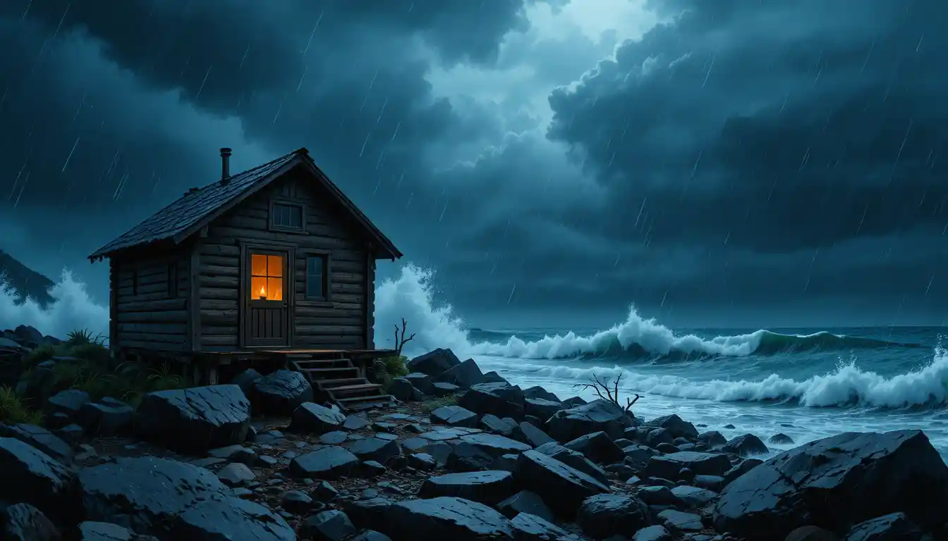 Capanno costiero in tempesta illuminato da una calda luce di candele