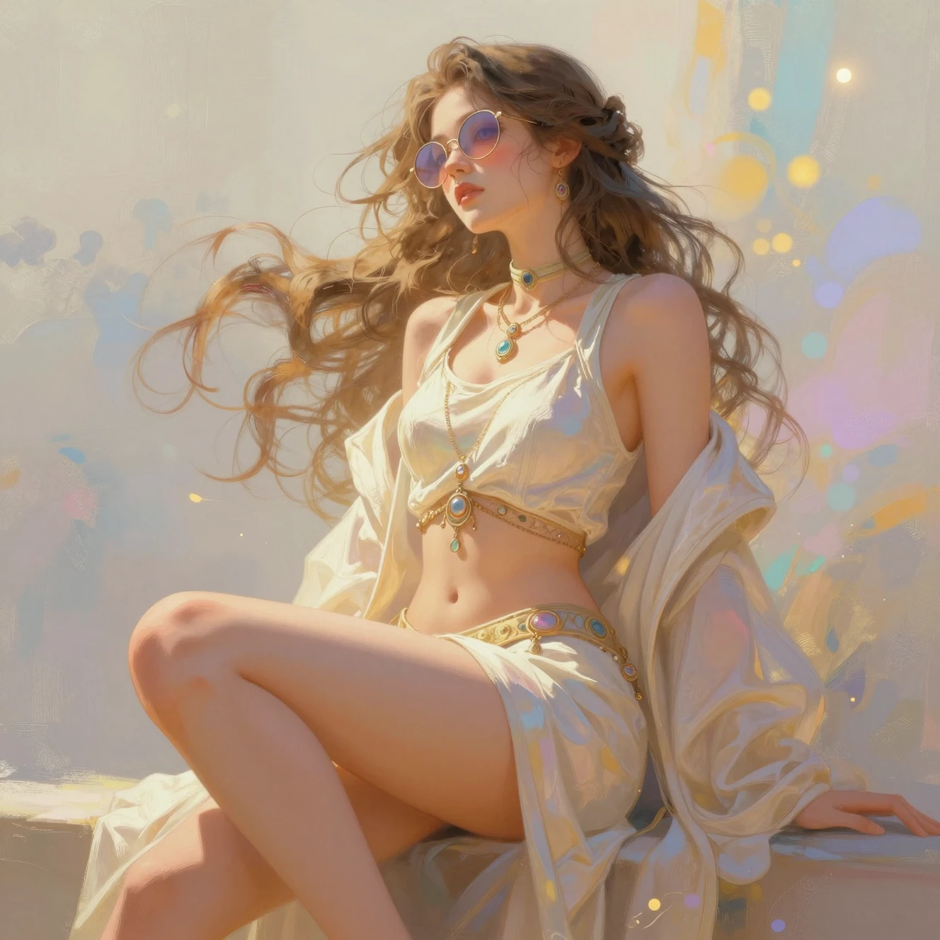 Chica de fantasía en ángulo bajo con gafas de sol pastel y joyería