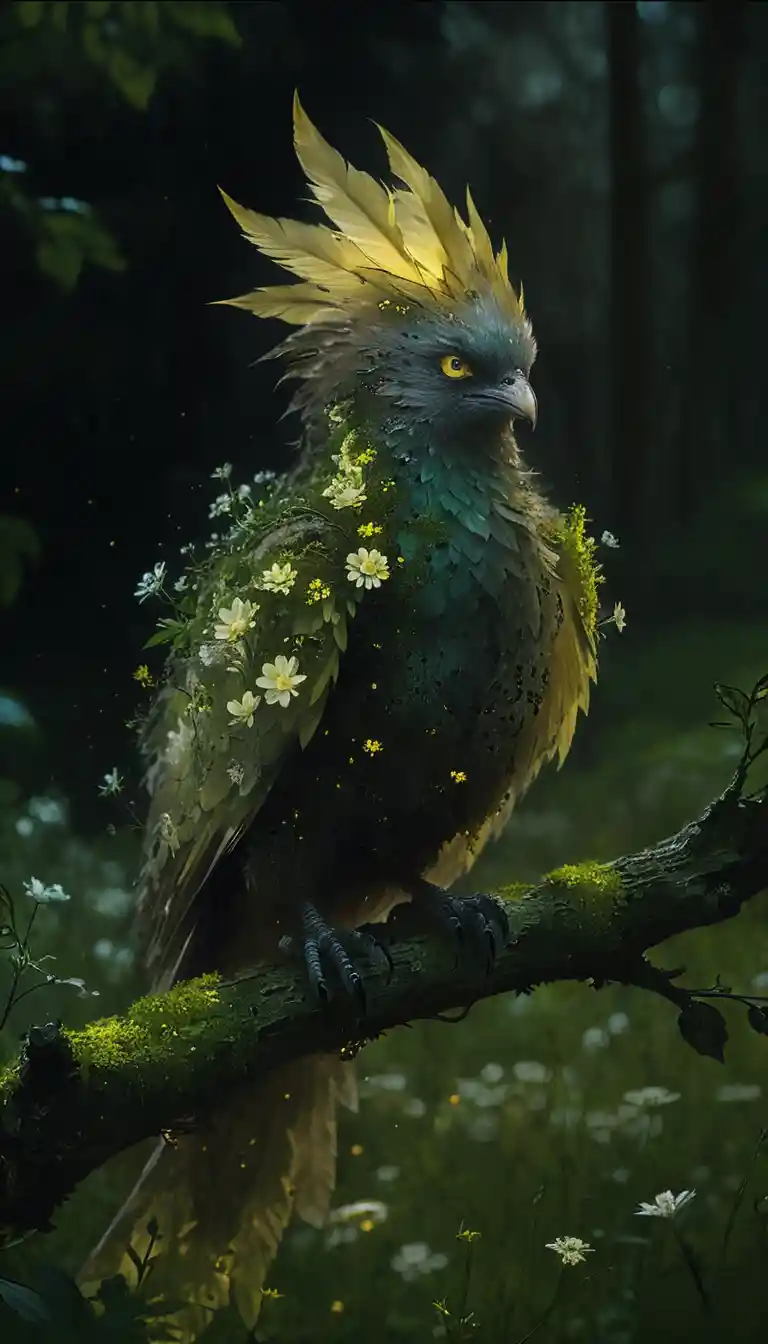 Ethereal chimera bird of leaves glowing in a forest