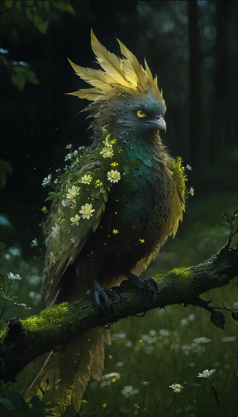 Ethereal chimera bird of leaves glowing in a forest