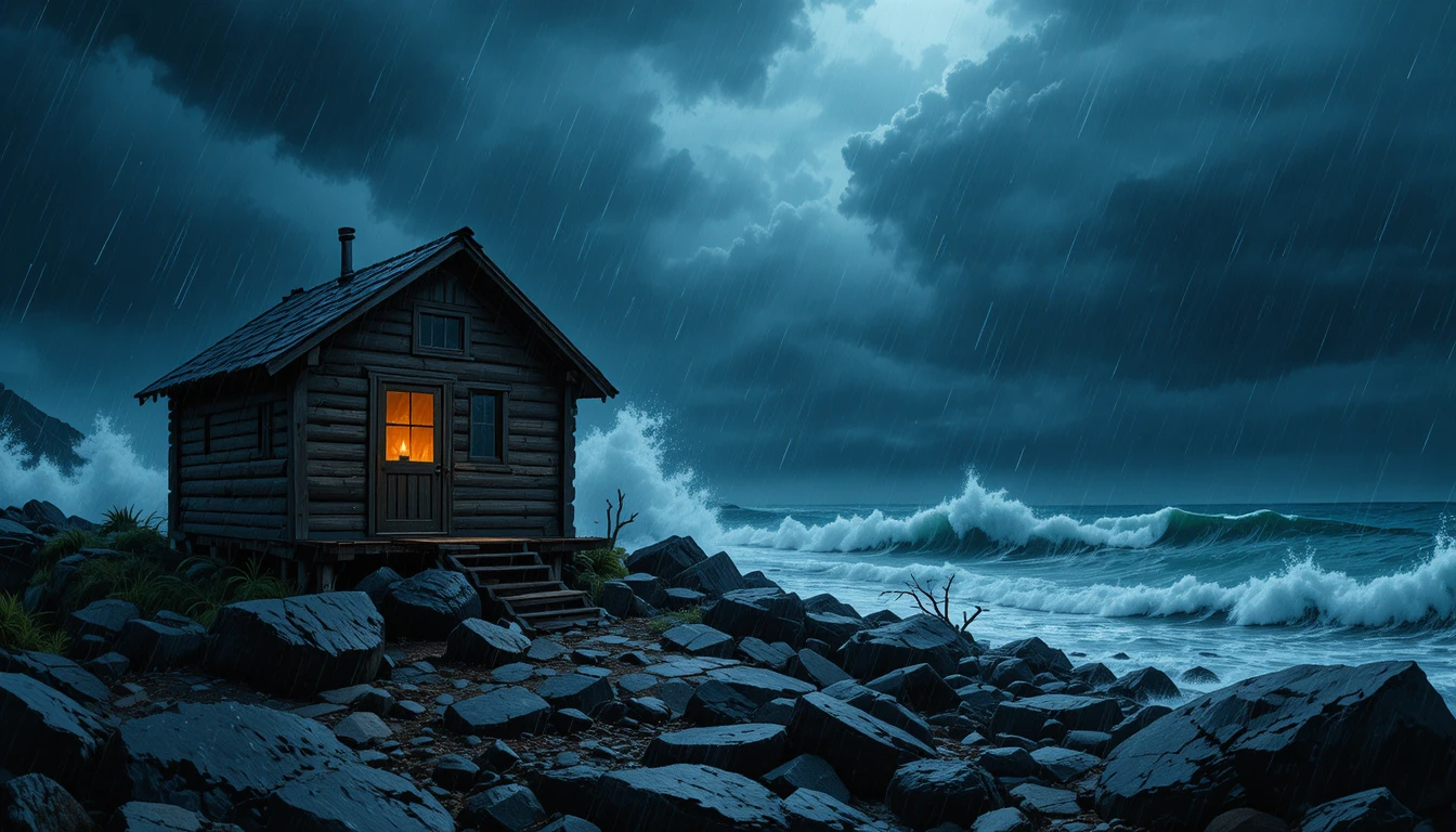 Capanno costiero in tempesta illuminato da una calda luce di candele