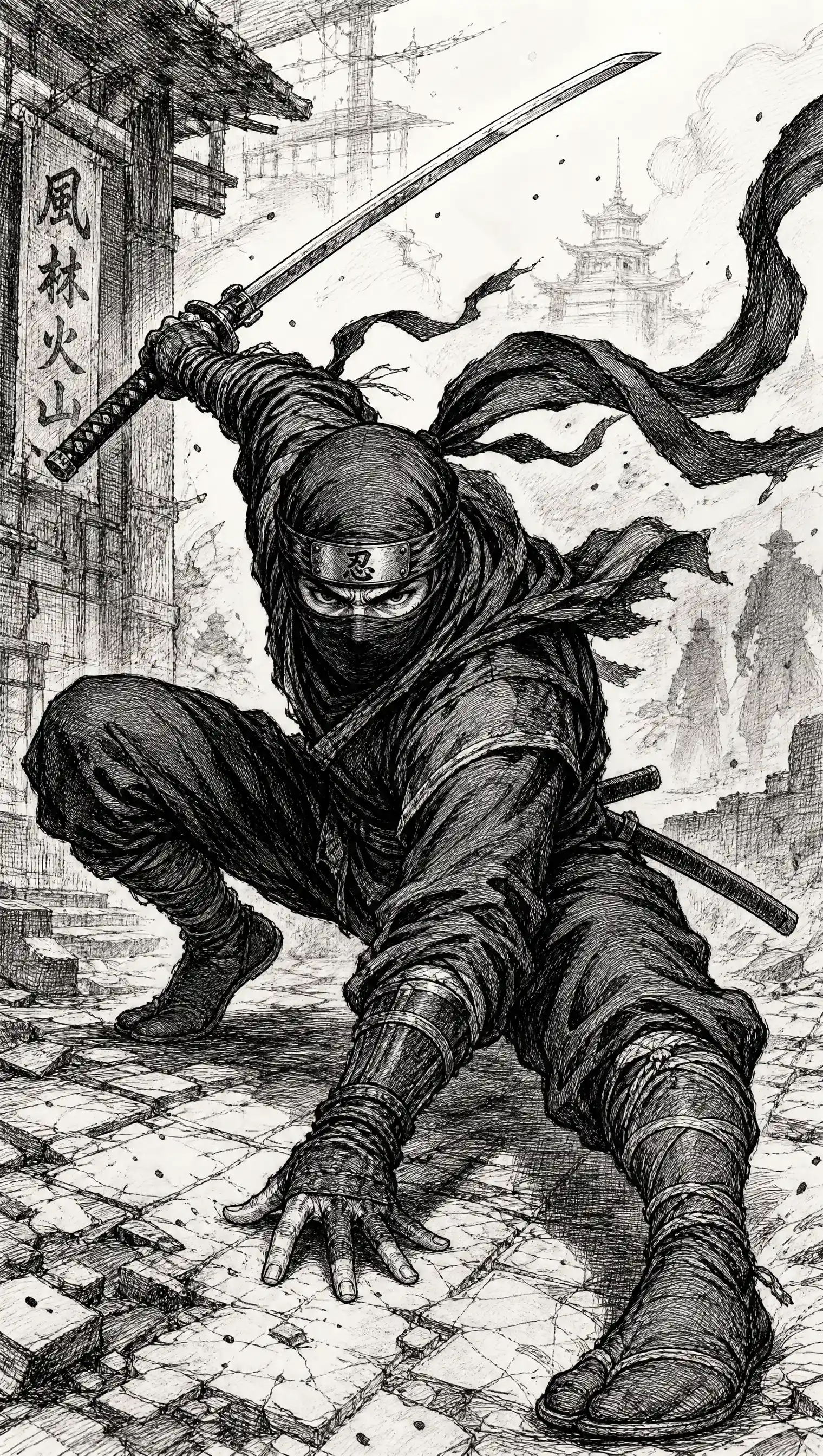 Dibujo dinámico a tinta de un ninja en pleno movimiento