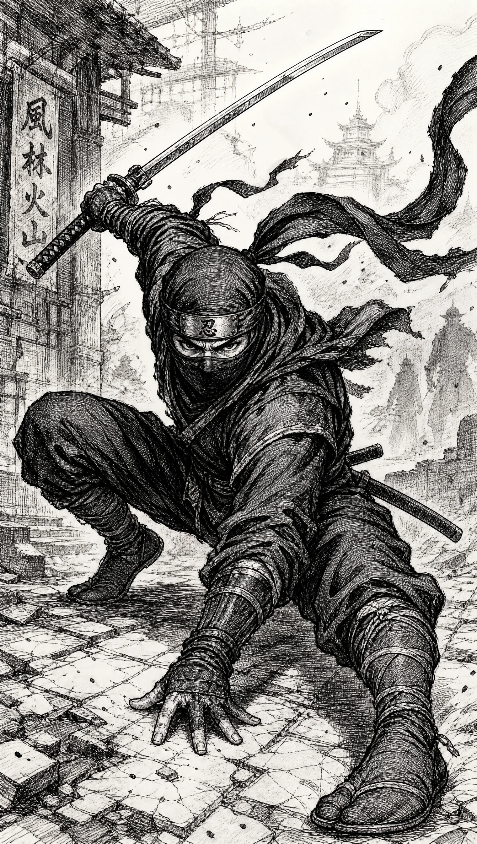 Dibujo dinámico a tinta de un ninja en pleno movimiento