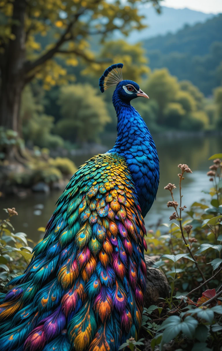 Pavo real colorido con plumas iridiscentes y fluidas al aire libre