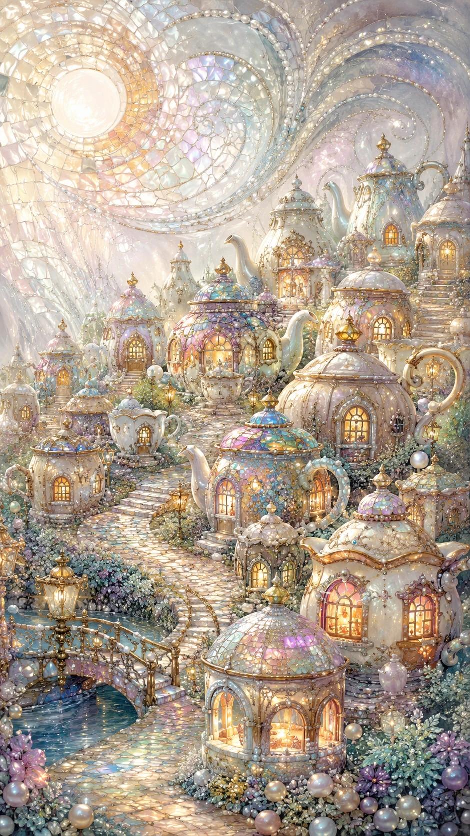 Villaggio fantasy con minuscole case a teiera e tazza che brillano dolcemente