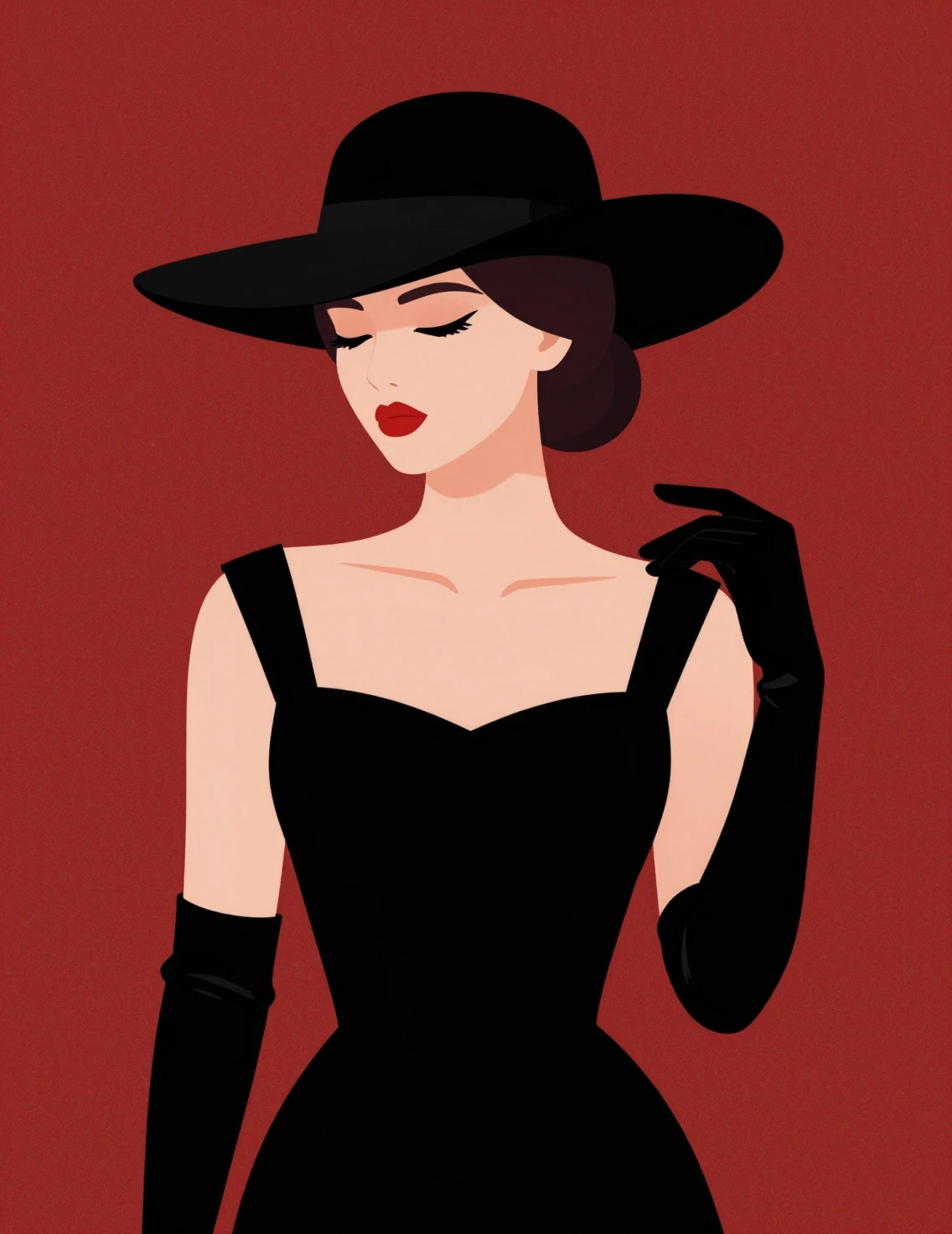 Chica elegante con vestido negro bajo la sombra dramática de un sombrero