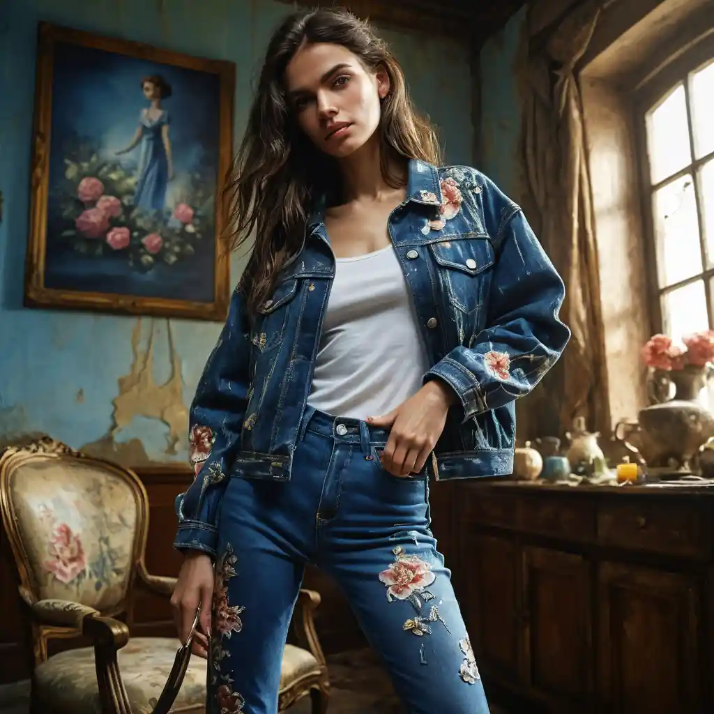 Mujer morena en jeans con estilo de ilustración digital brillante