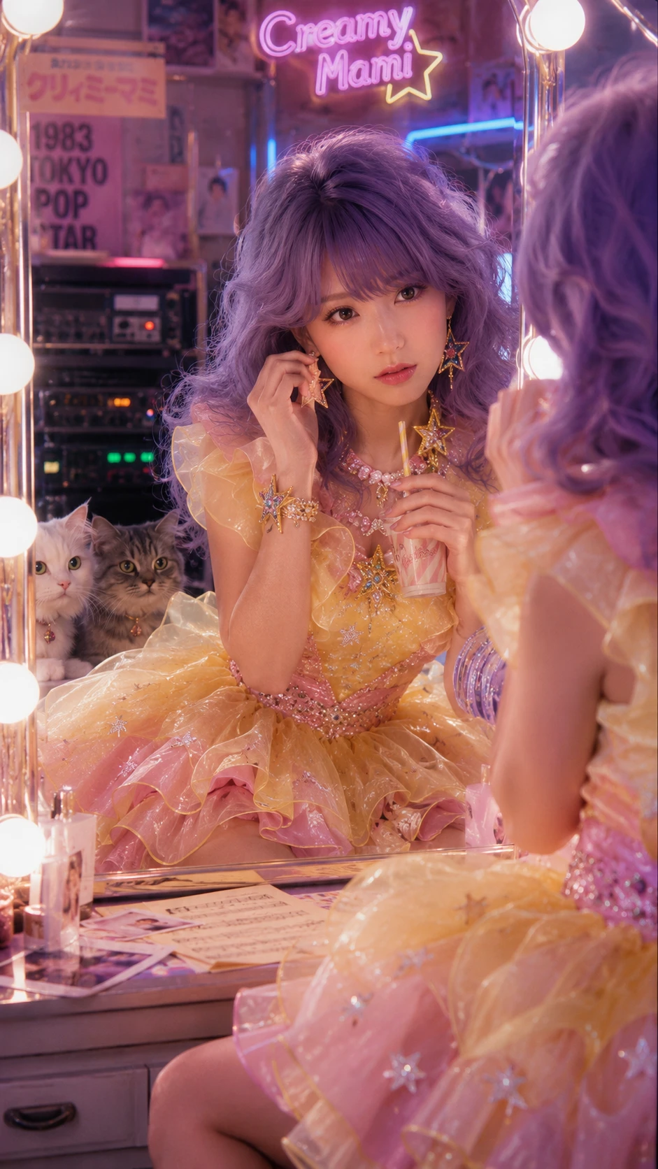 Pop idol adjusting earrings in neon lit dressing room