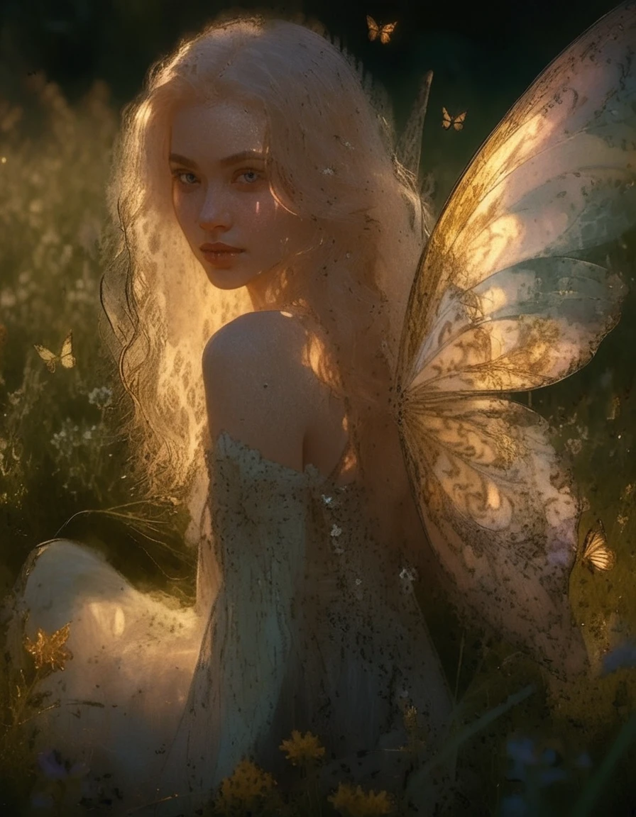 Fairy woman with delicate wings in sunlit wild meadow