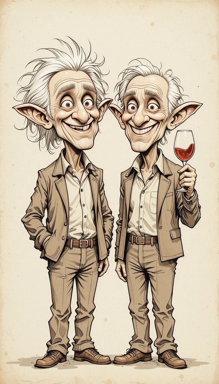 Dos hombres mayores compartiendo vino en una alegre escena de dibujos animados