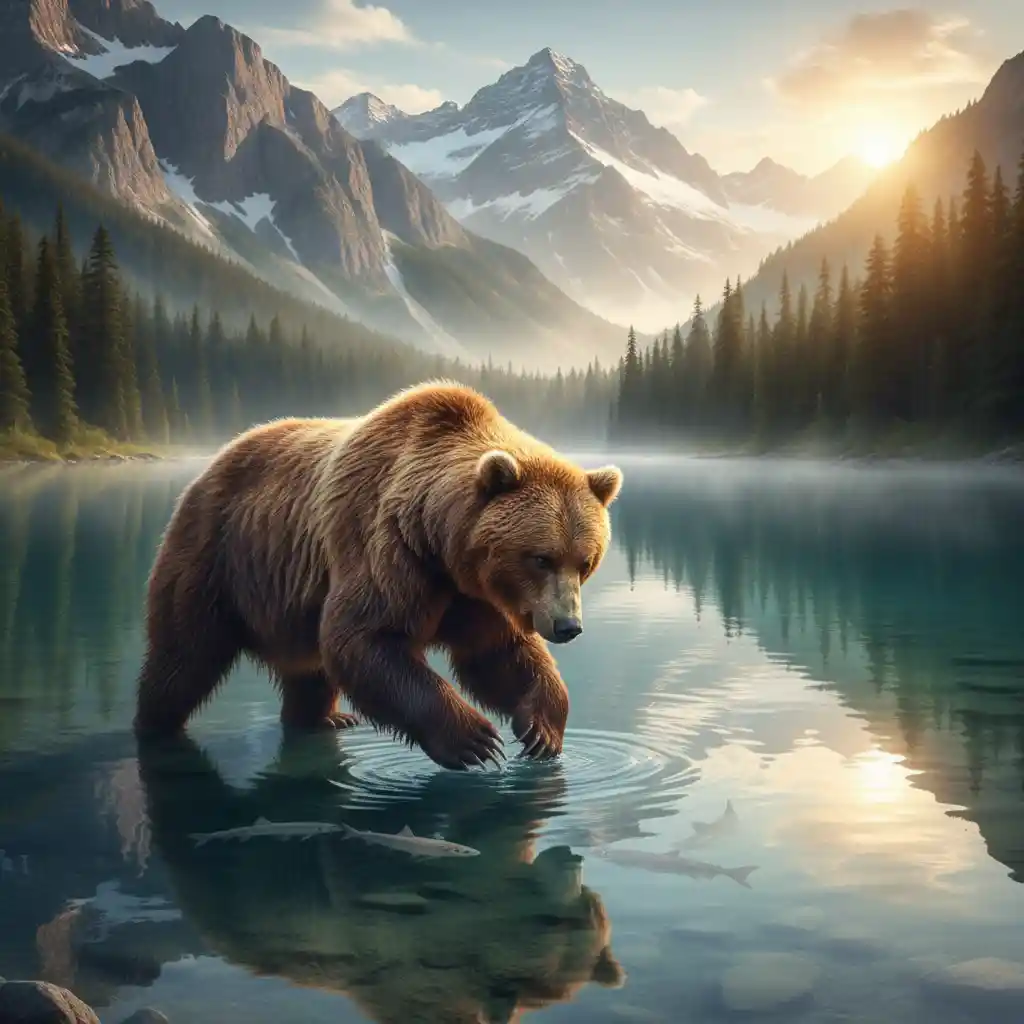 Brown bear hunting fish at the edge of a clear lake