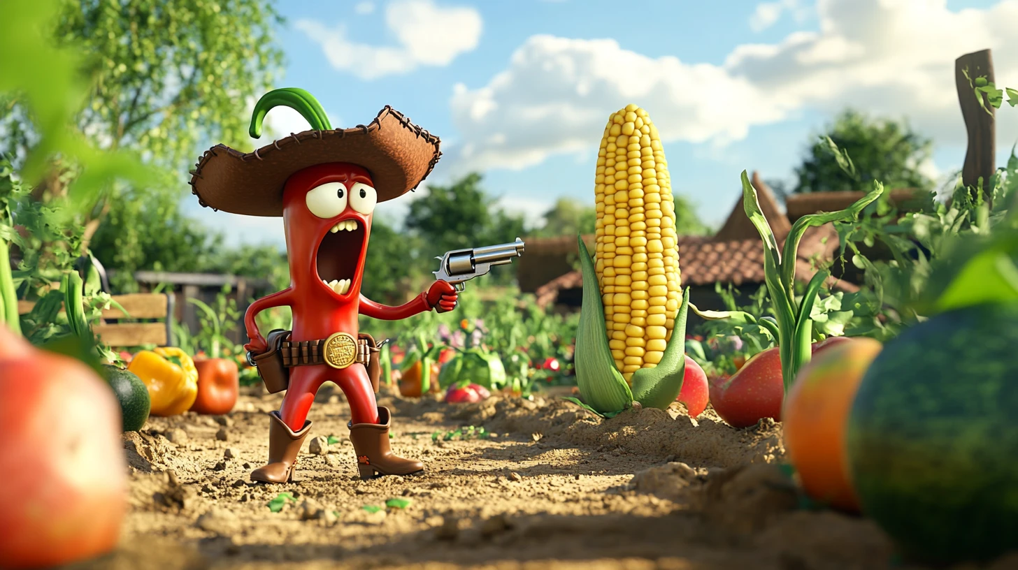 Hot chili cowboy yelling at angry corn in garden