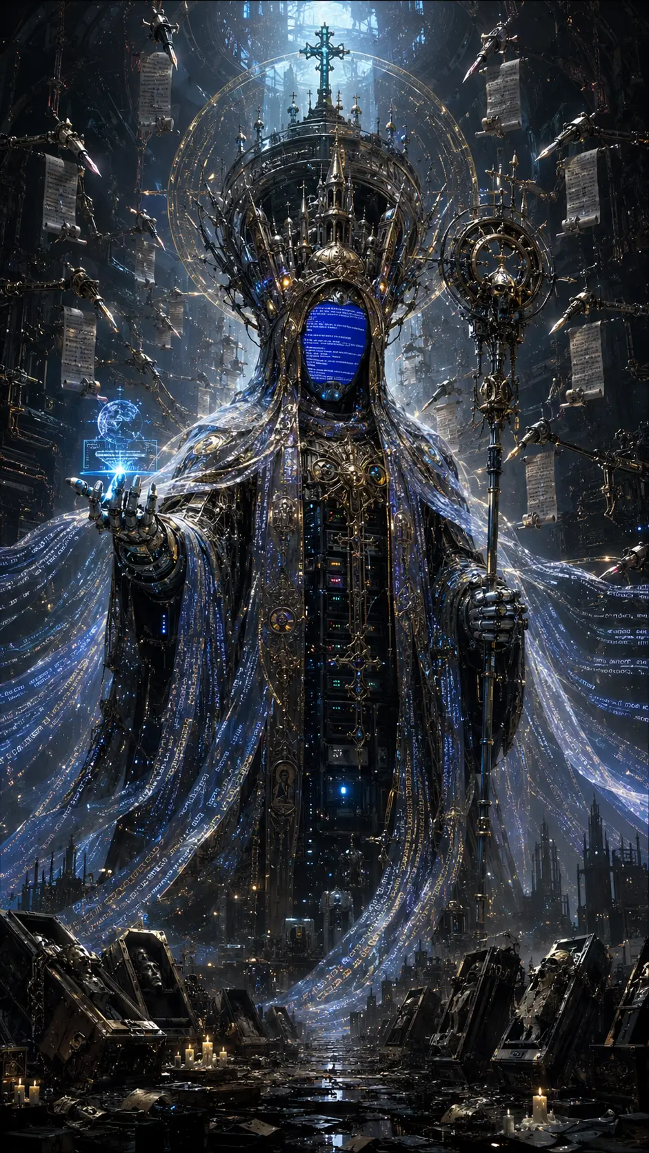 Mechanischer Prophet verschmolzen mit Kathedralen-Servern und flüssigen Schriften