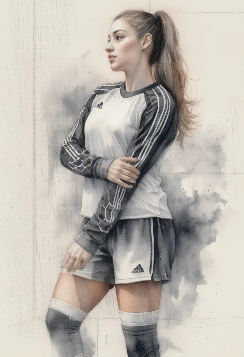 Young female footballer in profile graphite pencil portrait