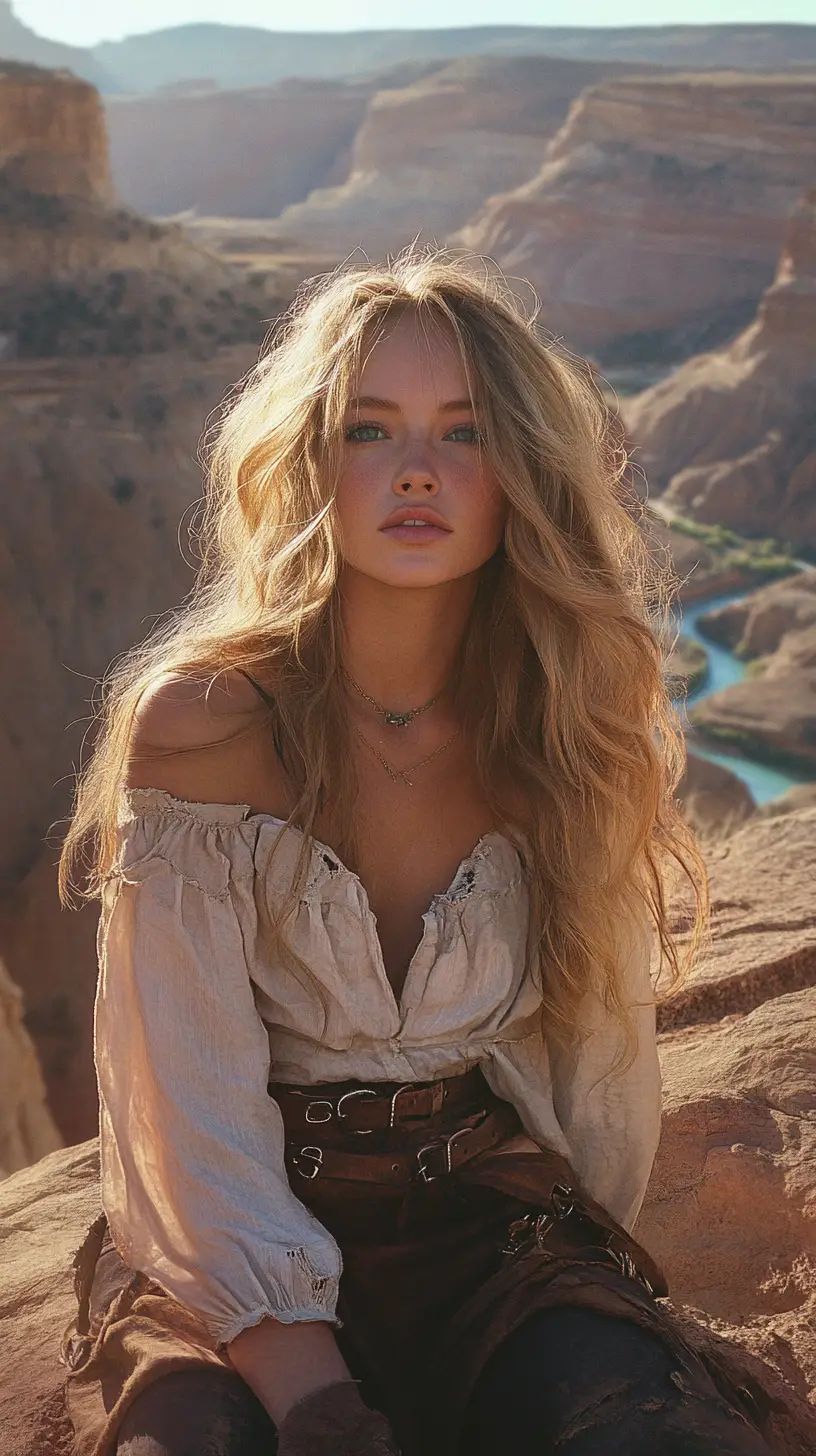 Mujer al borde del cañón en acuarela a la hora dorada