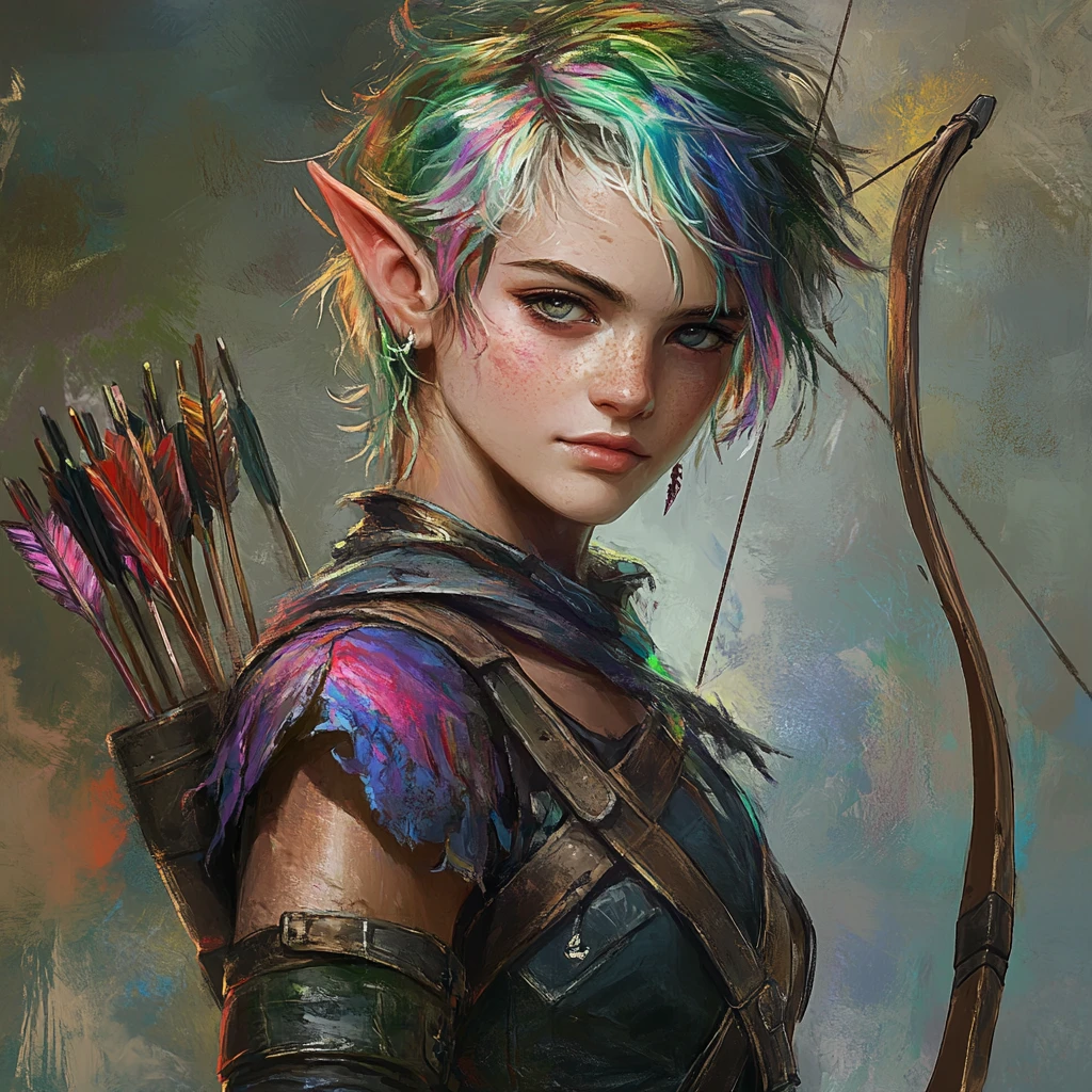 Playful fantasy elf ranger girl with bow and messy hair