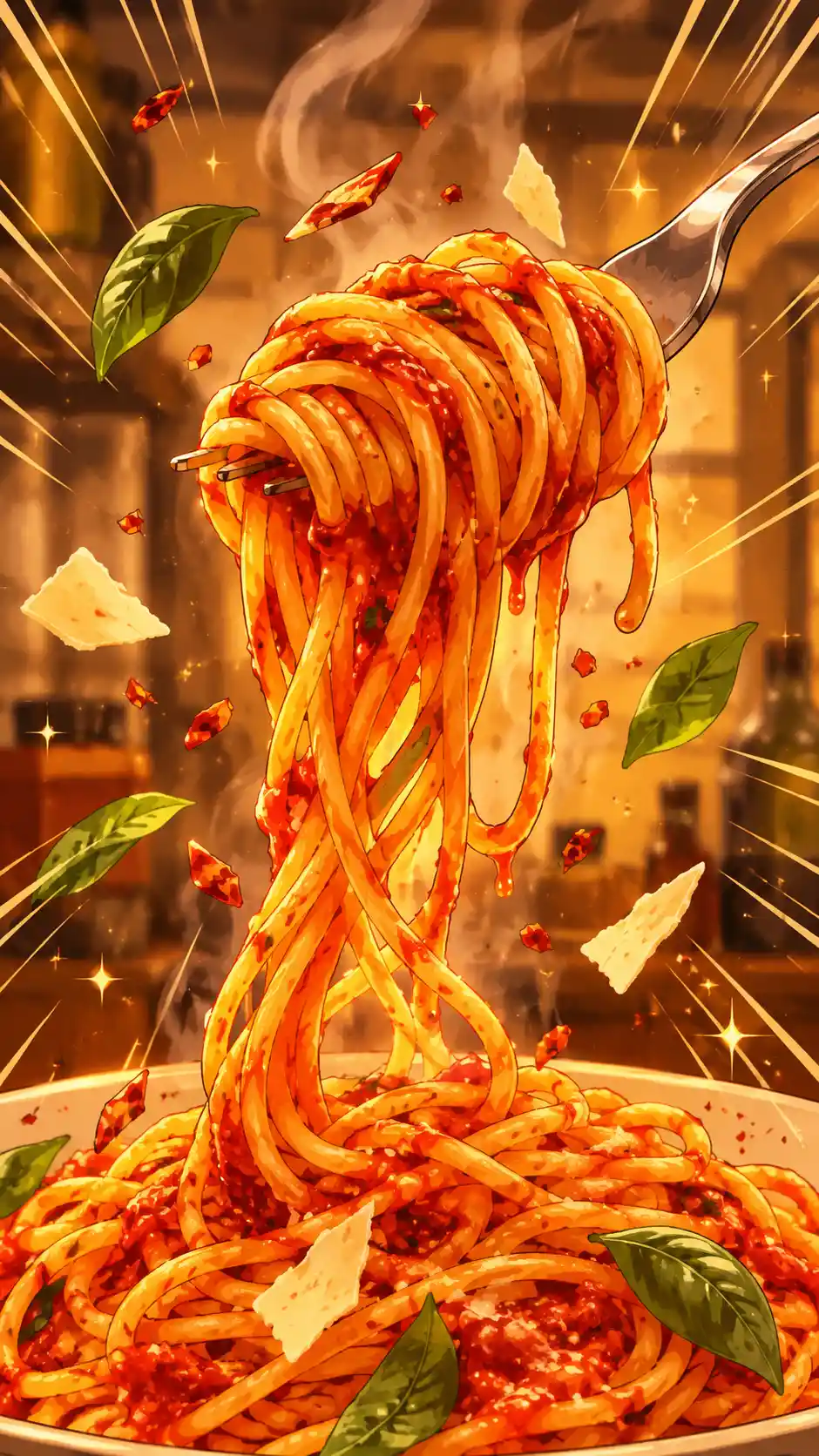 Spicy pasta twirled on a fork in anime kitchen glow