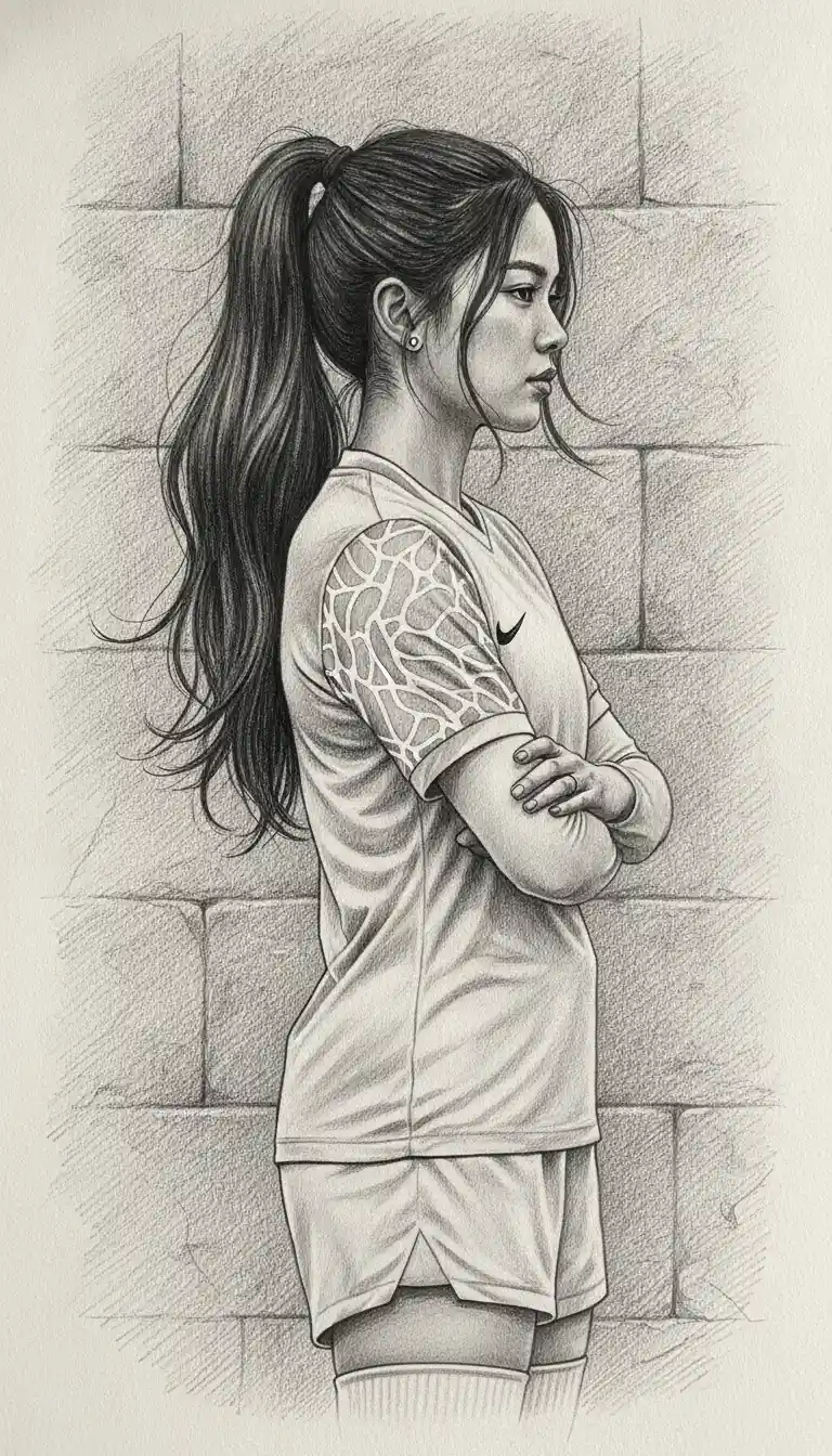 Retrato de cuerpo entero en perfil de una futbolista concentrada