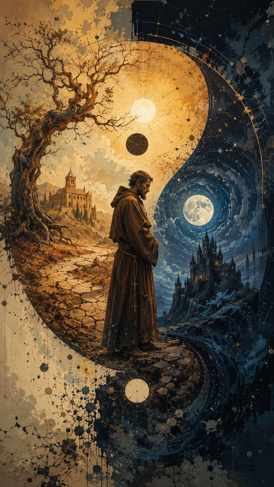 Monje irlandés en un paisaje surrealista de yin y yang