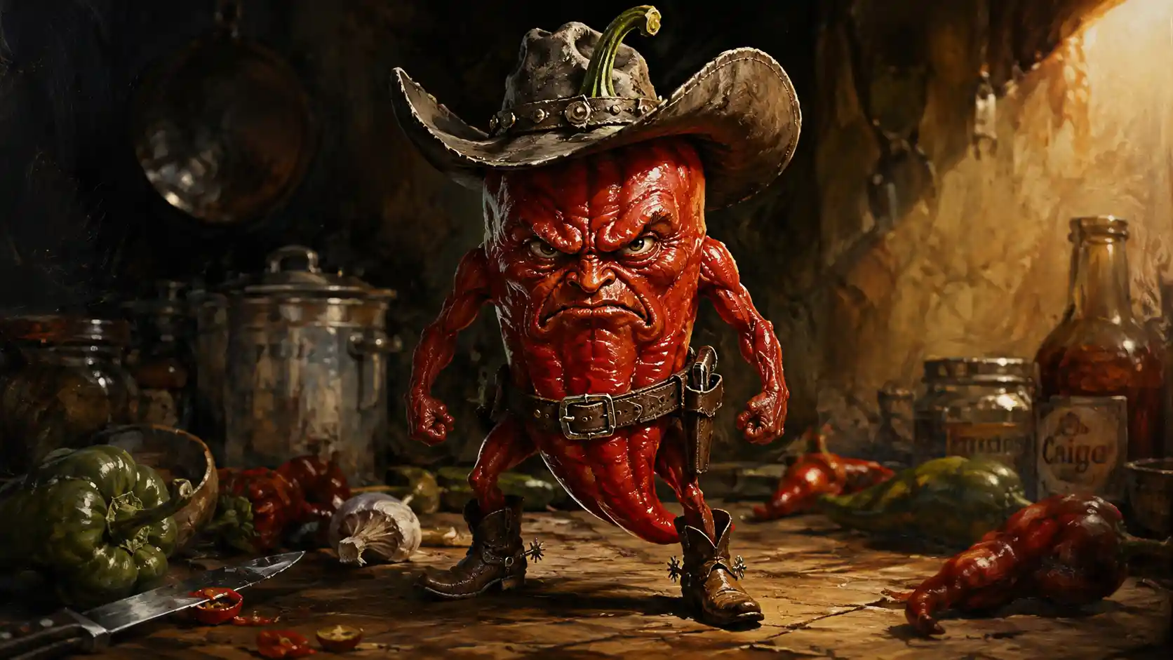Angry chili pepper cowboy on a kitchen table
