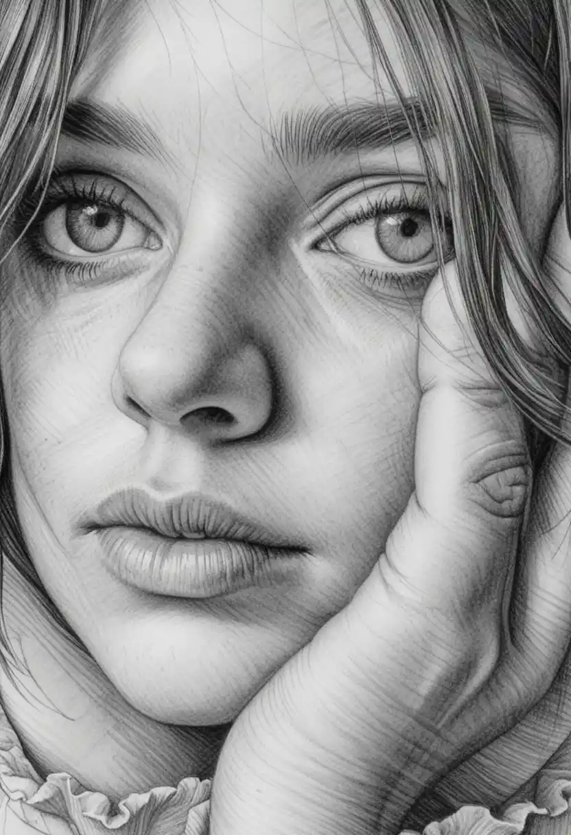 Ink close up portrait of a pensive young woman