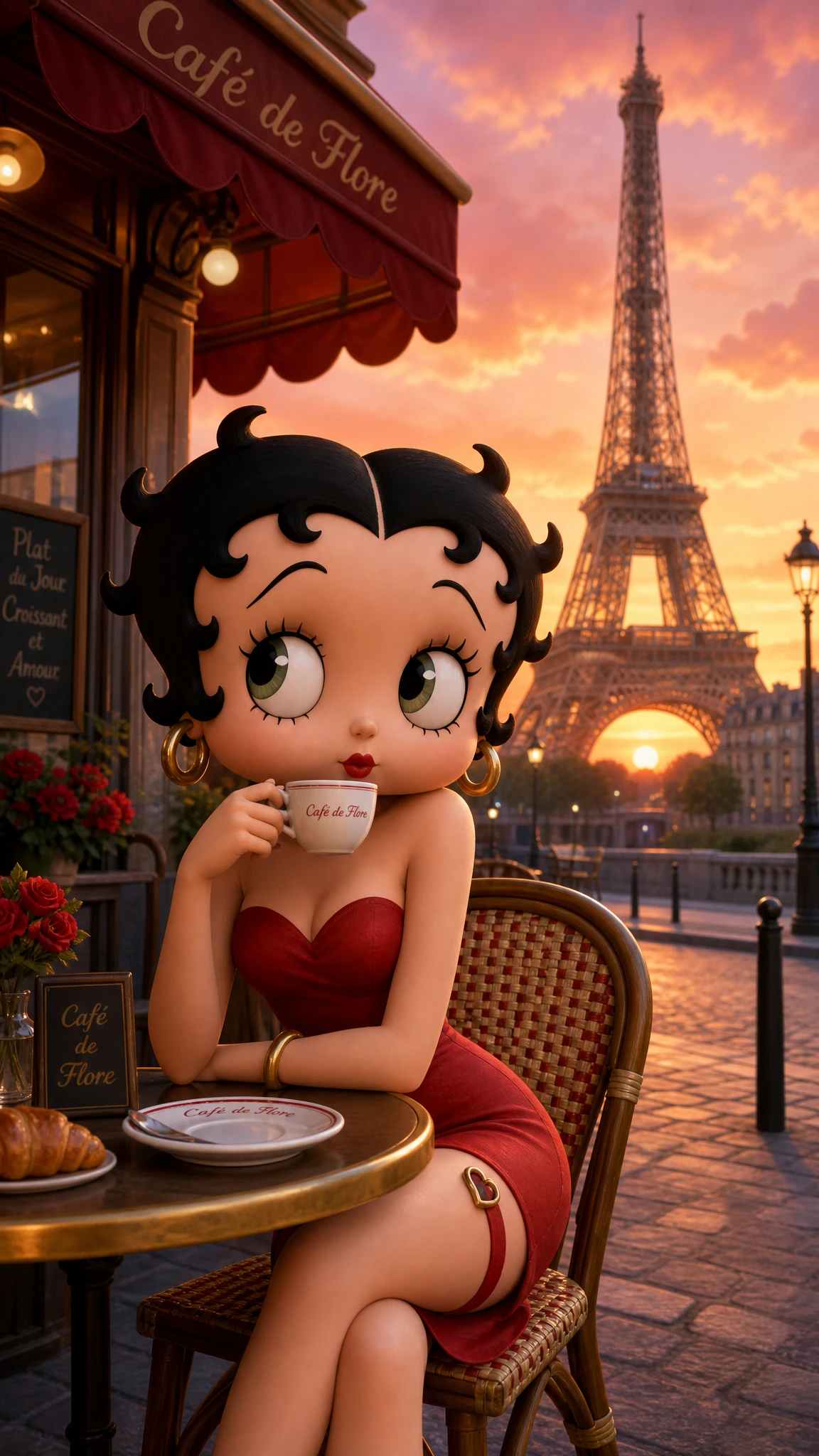 Mujer tomando café en una cafetería francesa al aire libre al atardecer