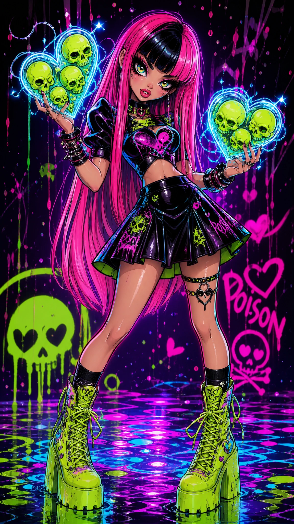 Chica gótica de anime con corazones de vidrio eléctrico en la mano