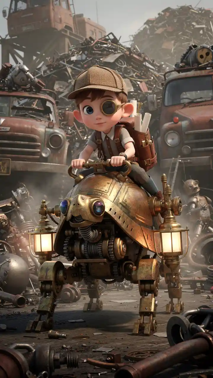 Neugieriger Junge reitet auf Steampunk-Schildkröten-Automaton im Schrottplatz