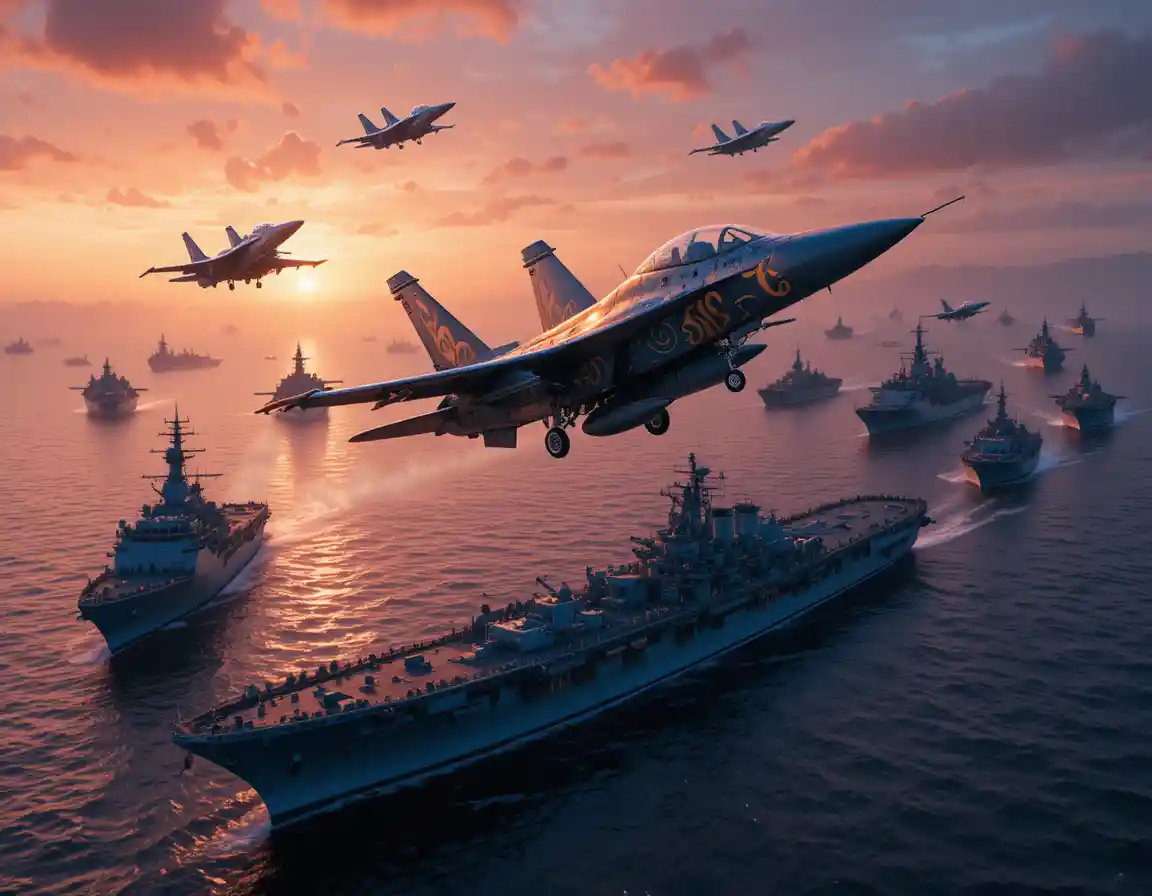 Modern warships and fighter jets at sunset over the sea