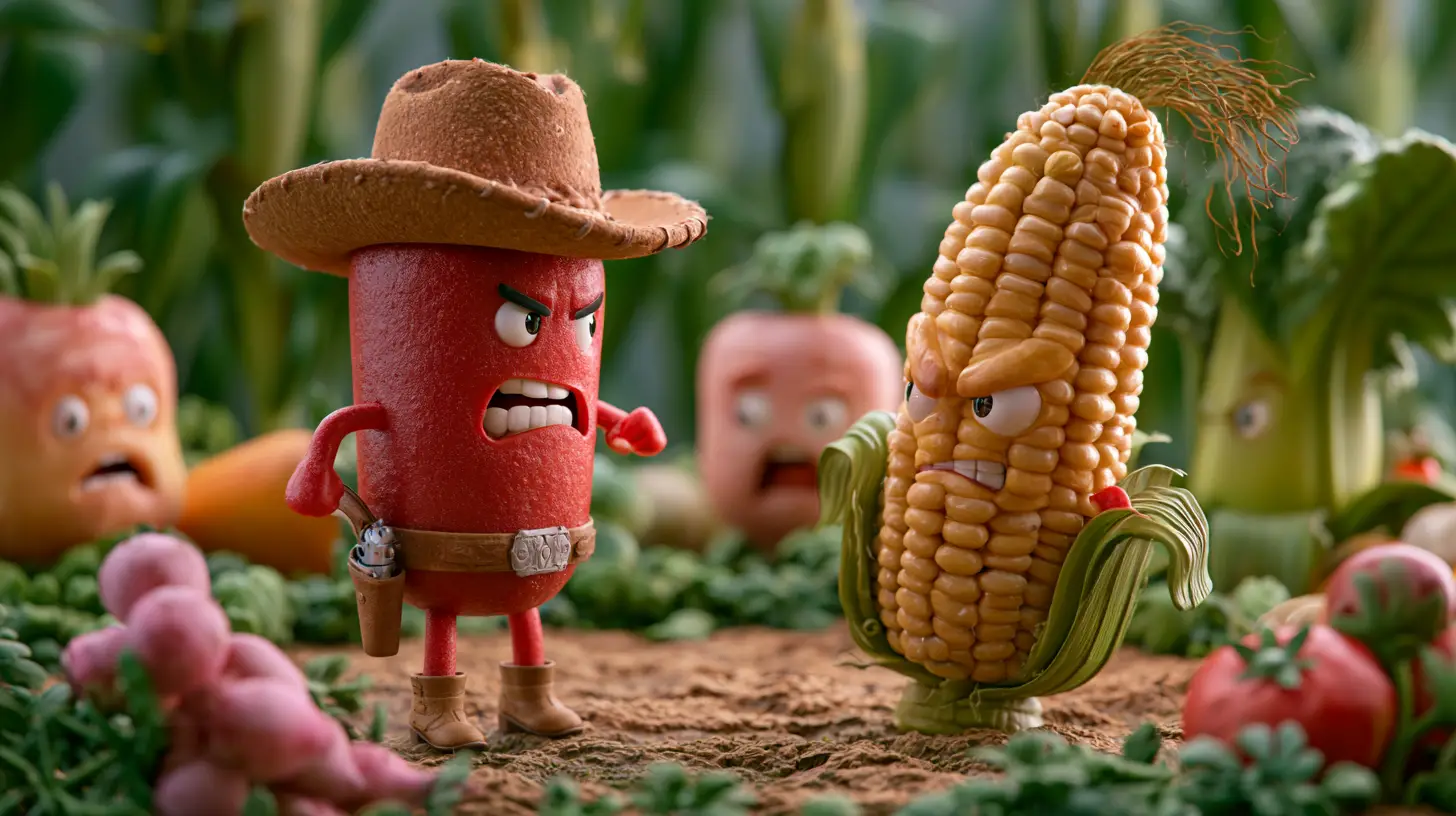 Scharfer Chili-Cowboy streitet mit wütendem Mais im Garten