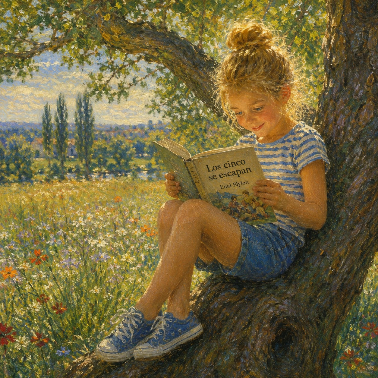 Niña sonriente leyendo un libro de cuentos bajo un árbol soleado