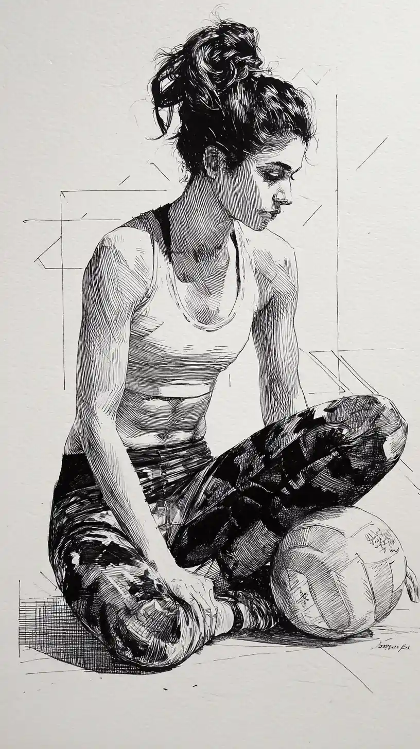 Athletic girl crouching with volleyball in ink drawing profile