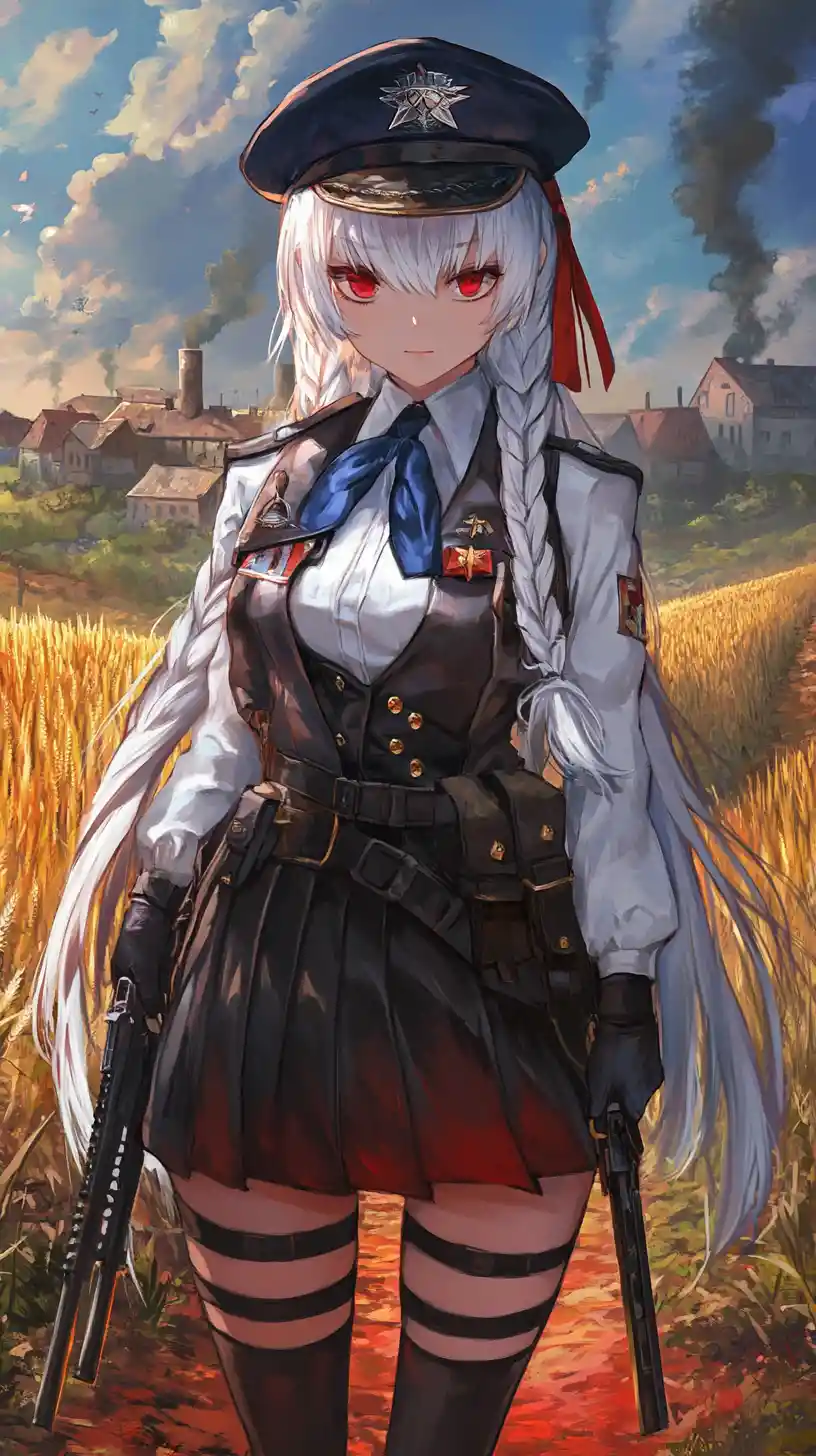 Anime officer girl with long white hair in uniform